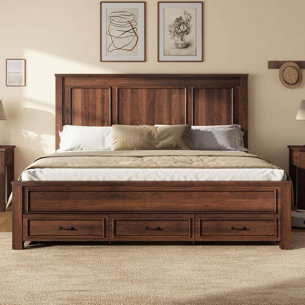 AMERLIFE 52.2" King Size Farmhouse Bed Frame with Headboard, Rustic Brown