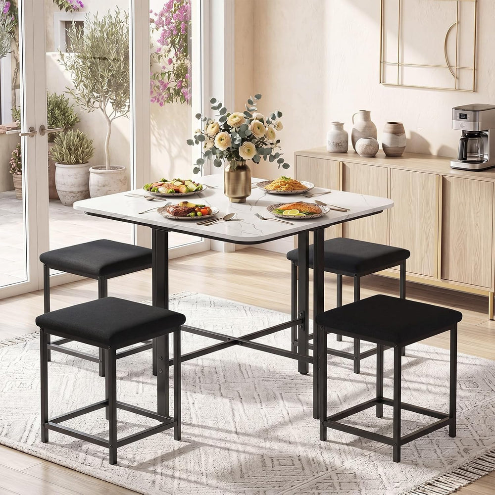 GIANTEX Dining Table Set for 4 with Upholstered Stools (White & Black) | ...