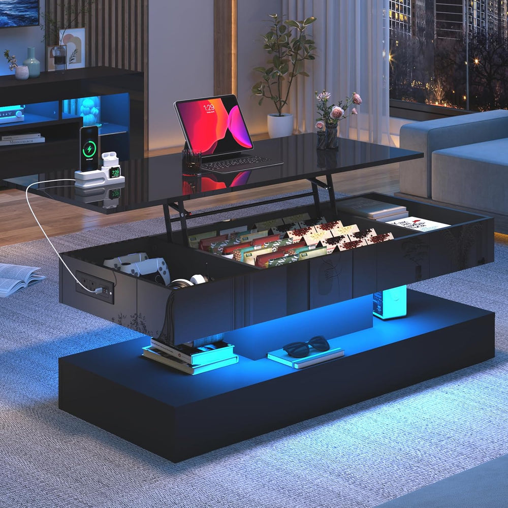 47.2" Large Lift Top Coffee Table,Modern High Glossy LED Coffee Tables f...