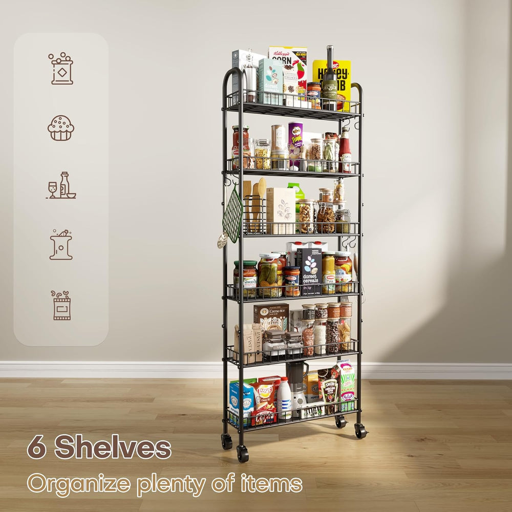 Slim Rolling Storage Cart with Wheels, Metal 6 Tier Spice Rack Mobile Shelvin...