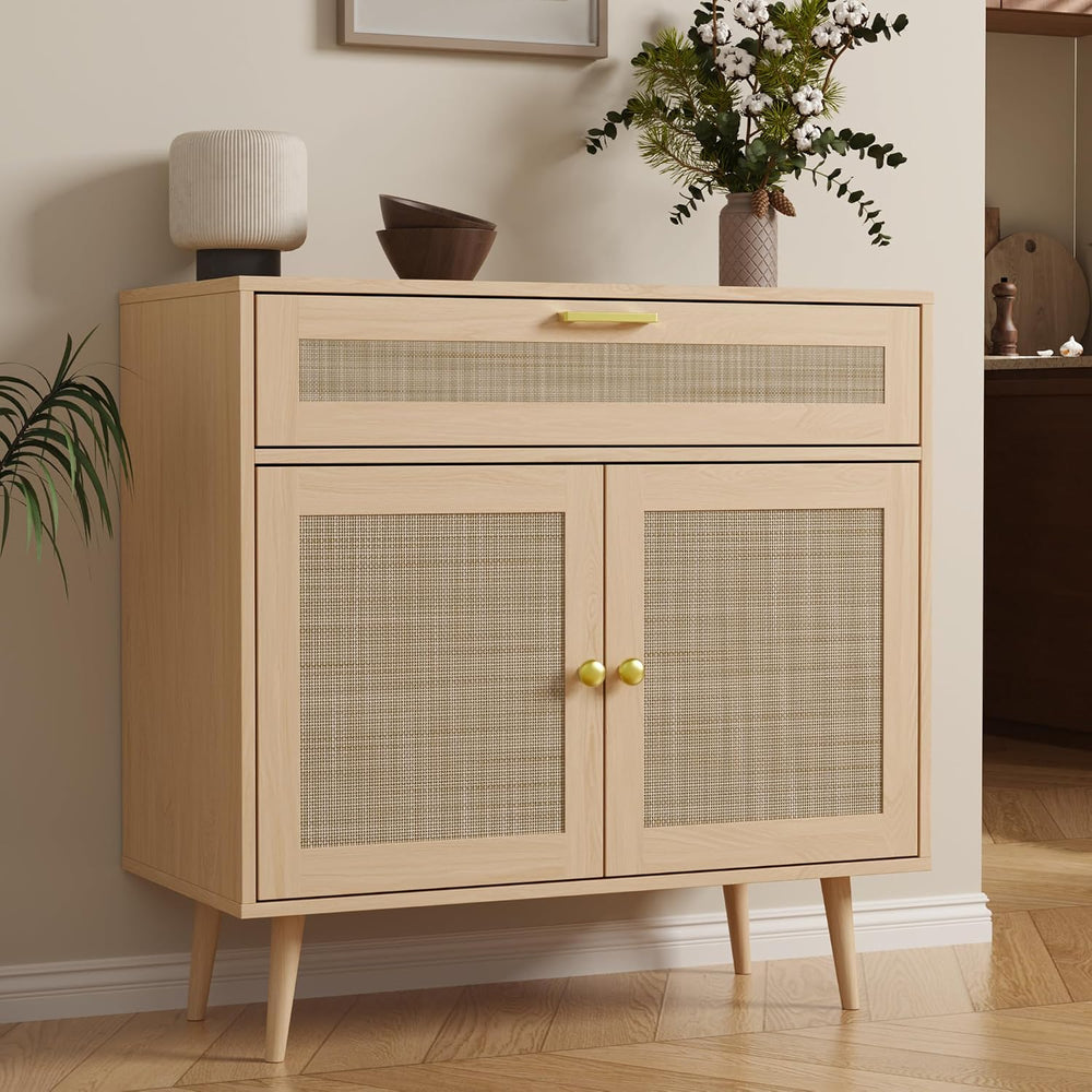 Furnify Rattan Sideboard Buffet, Boho Kitchen Cabinet with Drawer & 2 Doo...