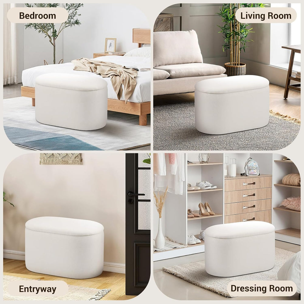 Oval Ottoman with Storage for Living Room, Modern Linen Fabric Foot Stools Ot...