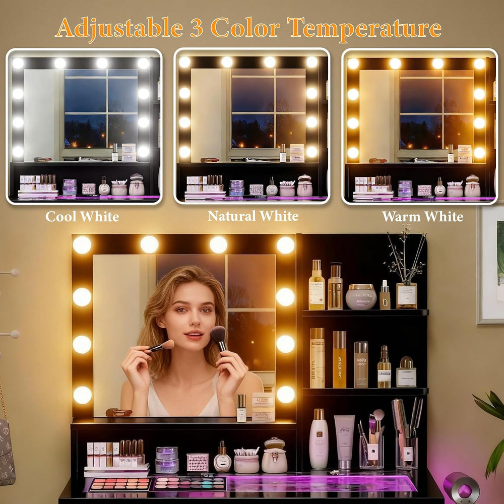 Vanity Desk with Mirror & 10 Lights,Modern Makeup Desk with 2 Drawers,3 L...