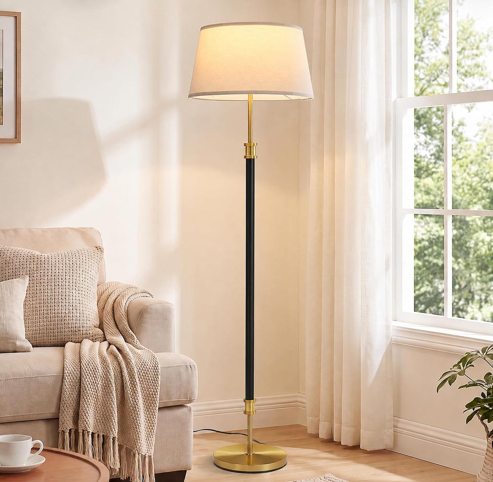 Modern Mid Century Floor Lamp with Soft Linen Shade, 63” Tall Black & Bra...