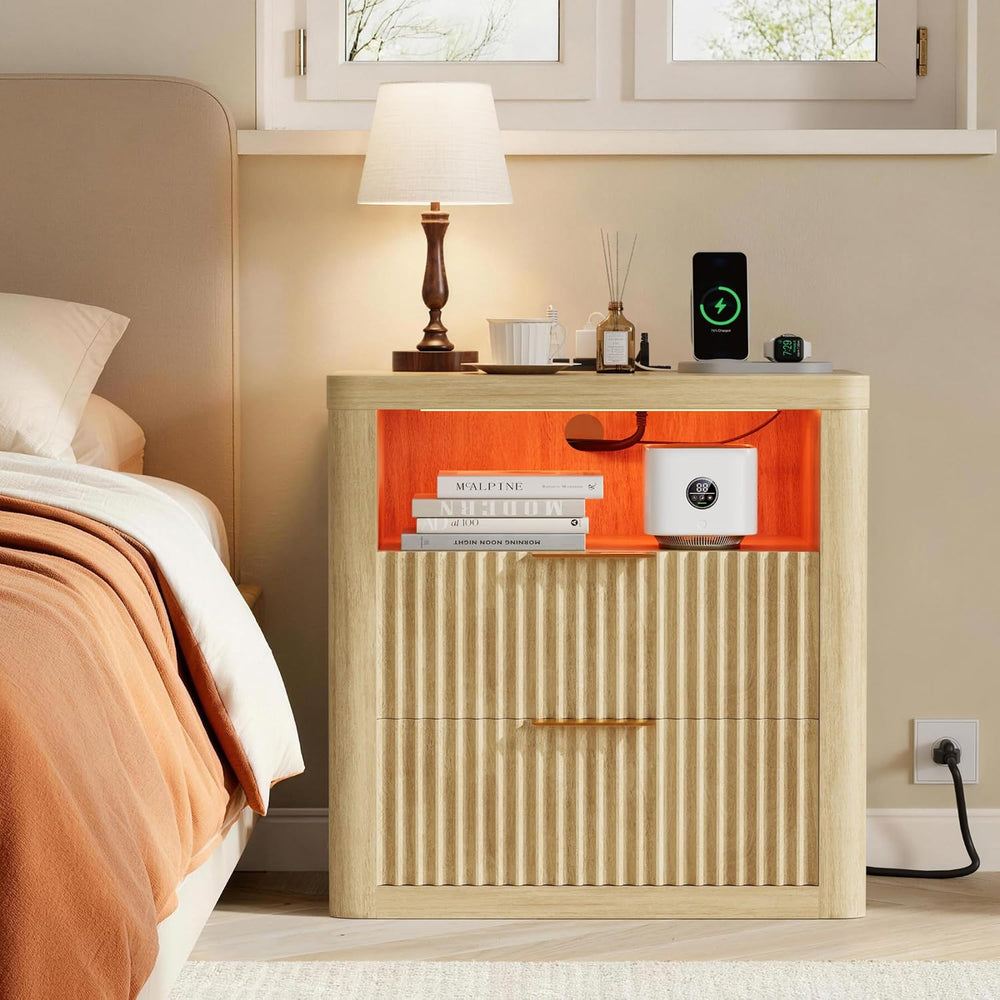 JUMMICO Fluted Nightstand with Charging Station & RGB Lights,Wooden End T...