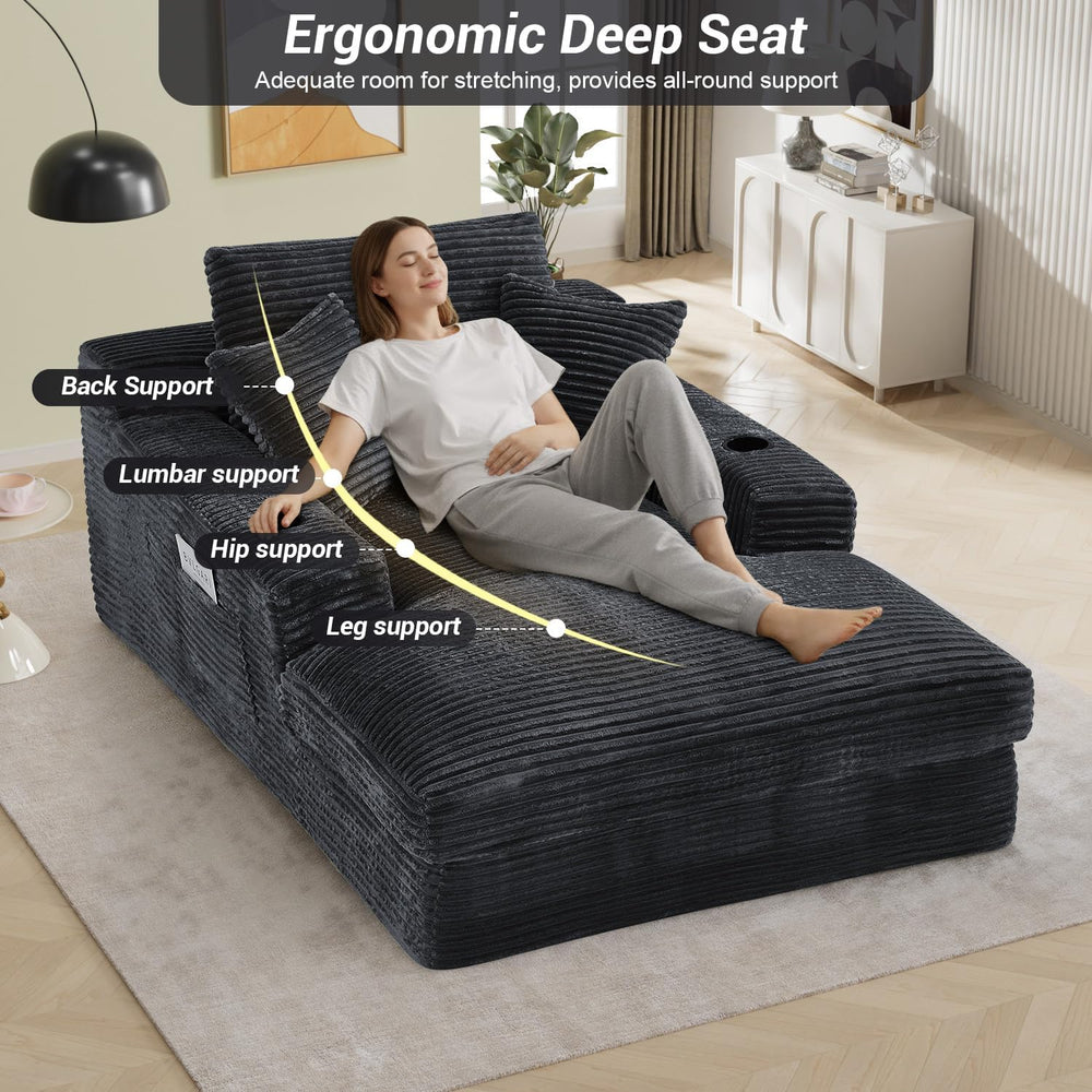 49" x 76" Corduroy Chaise Lounge, Cup Holders, Dark Gray | Super-ov...