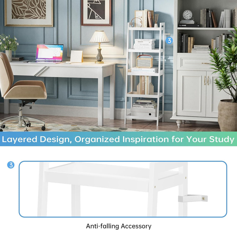 Bamboo Ladder Bookcase 5-Tier Freestanding Shelf, Bathroom Storage Rack &...