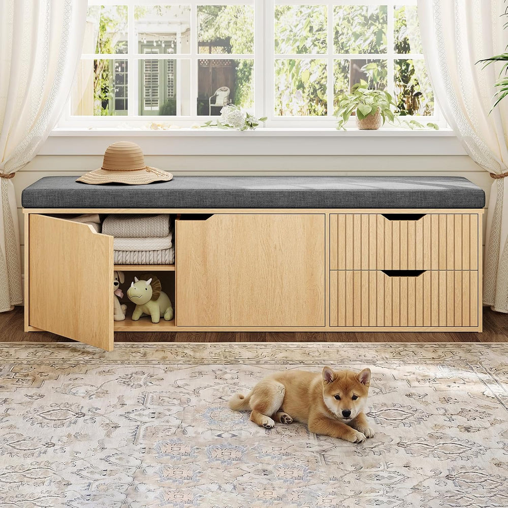 59" Storage Bench with Drawer, 2-Tier Shoe Bench with Doors, Long Entryw...