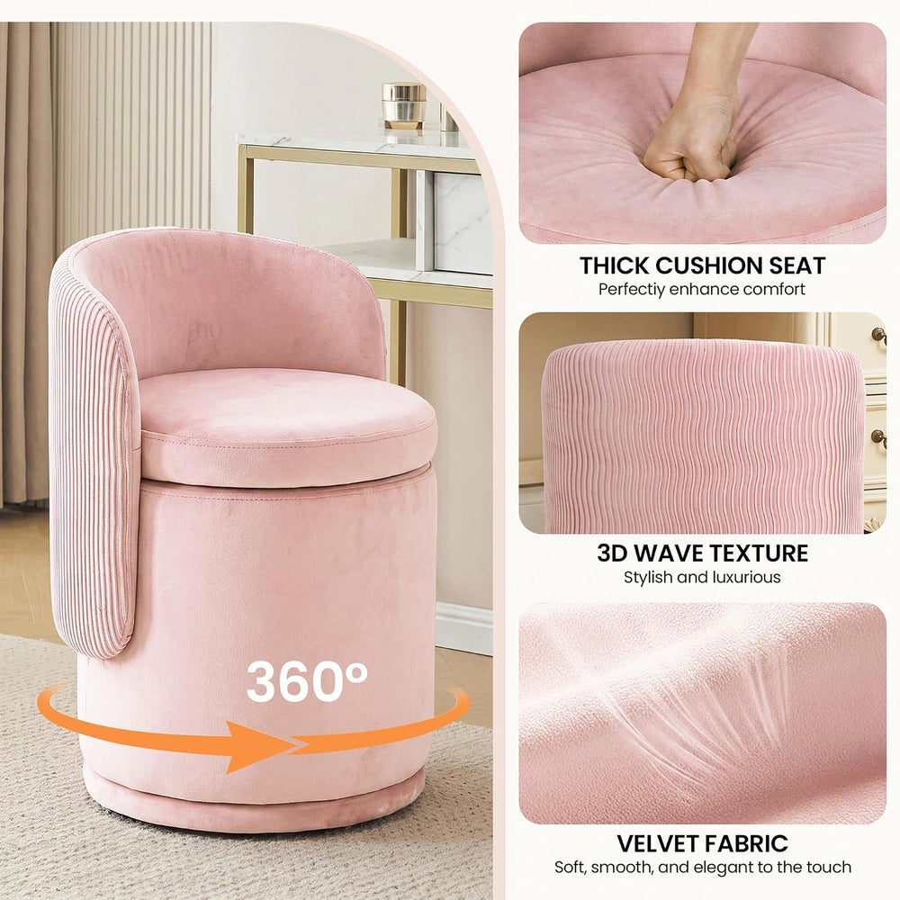 MALOL Velvet Swivel Vanity Chair with Storage, Pink | Modern Makeup Stool wit...