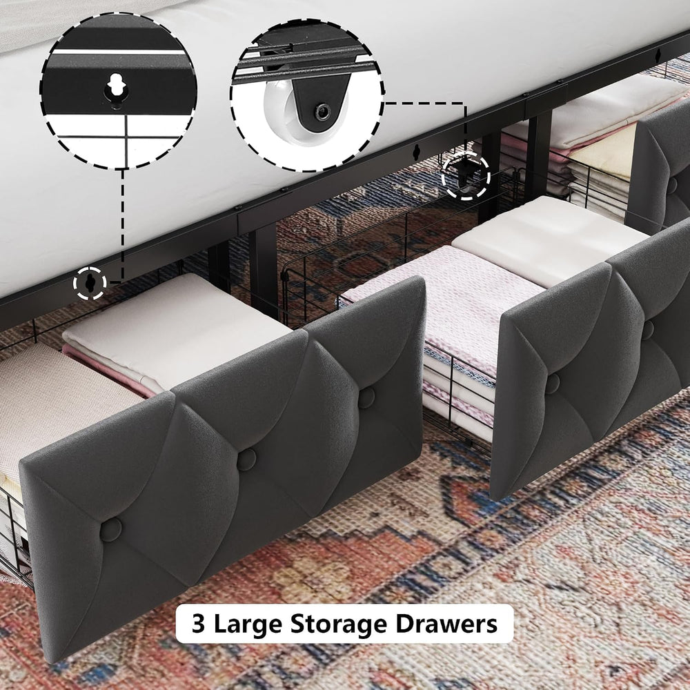 Keyluv King Upholstered Canopy Bed Frame with 3 Storage Drawers & Button ...