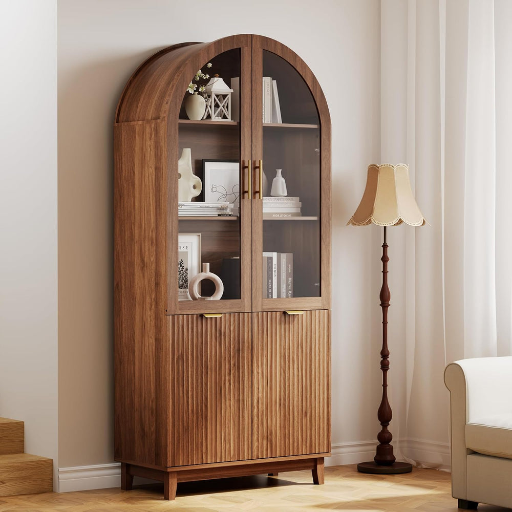 71" Tall Arched Pantry Cabinet, Kitchen Pantry with Glass Doors & Fl...