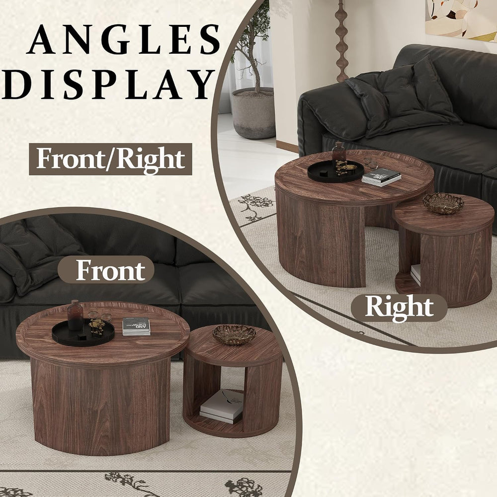 Round Nesting Coffee Table Set 2 with Storage for Small Space, Walnut | Wood ...