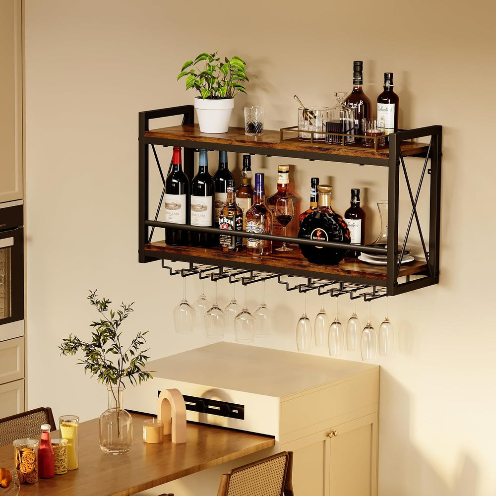 Homeiju Wall Mounted Wine Rack, Bottle & Glass Holder Wood-Metal Retro Wi...