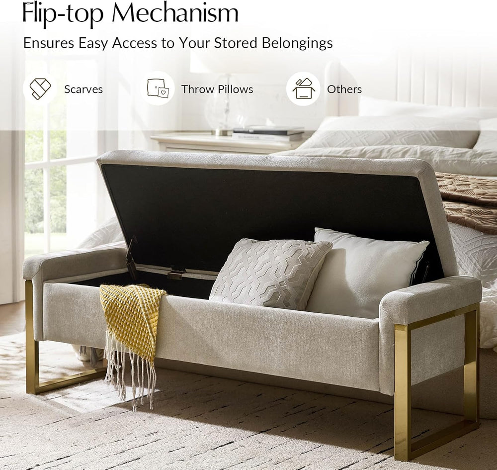 Modern Storage Ottoman Bench with Gold Metal Legs Upholstered Footrest End-of...