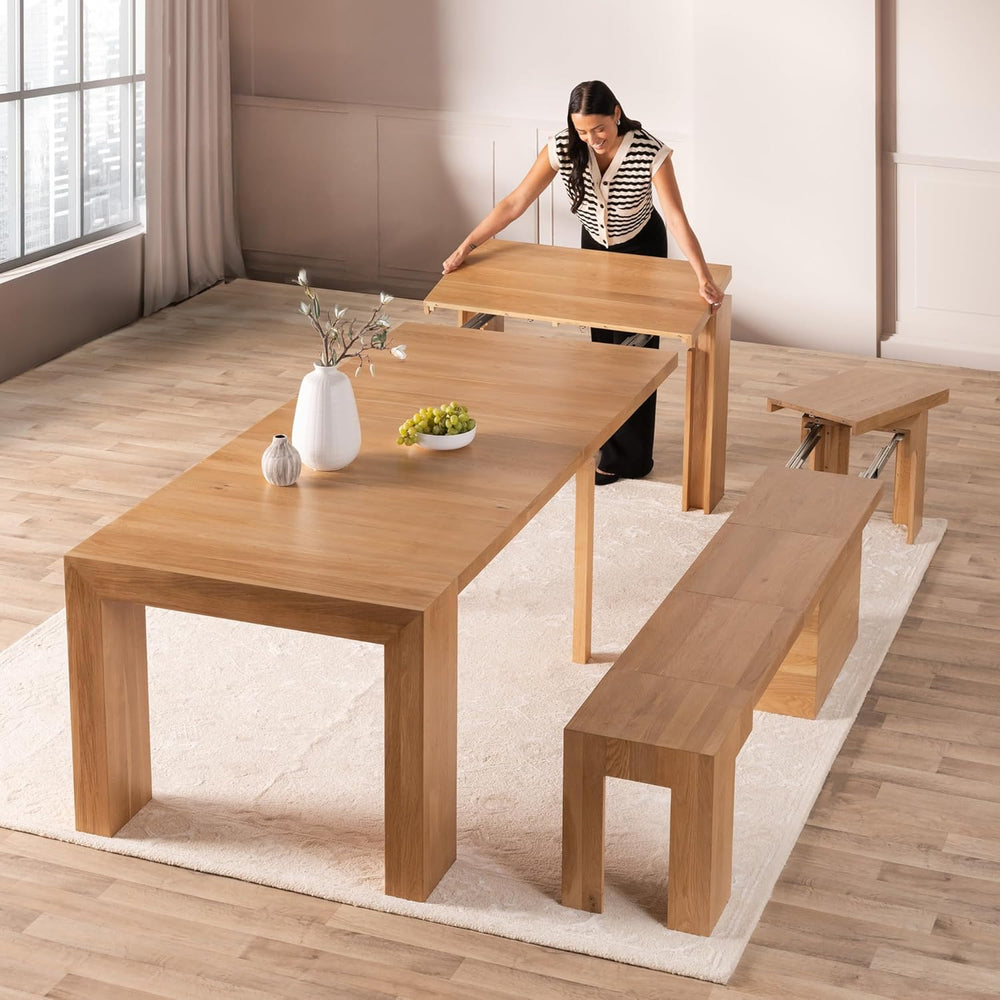 Transformer Table Solid Wood Extendable Dining Table, Natural | Seats 2-12, E...