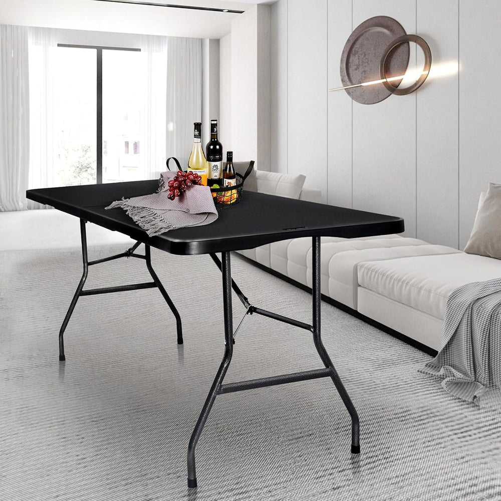 Folding Table 6ft, Heavy Duty Plastic Fold-in-Half Utility Table, Black | Por...