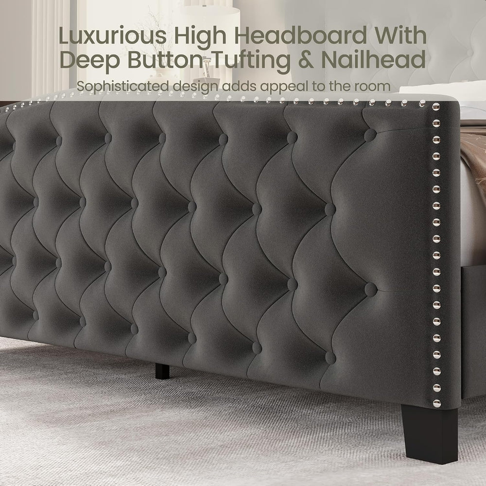 LARMACE Queen Size Bed Frame Velvet Upholstered Platform Bed with Wingback He...