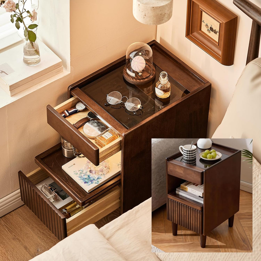 Solid Wood End Table with Glass Top and Drawers, Narrow Nightstand with Pull-...