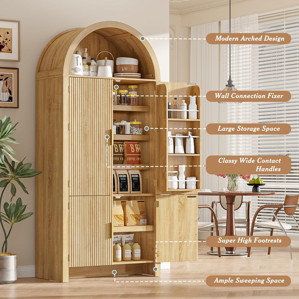 OFIKA 71" Arched Kitchen Pantry Cabinet, Fluted Wood Storage with 3 Shel...