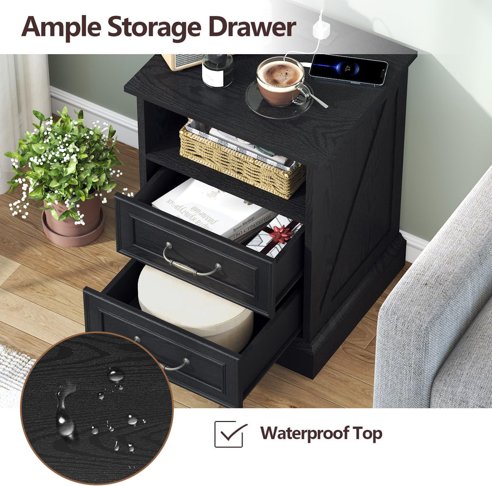 Nightstand with Charging Station,18" Wide End Table with 2 Large Drawers...