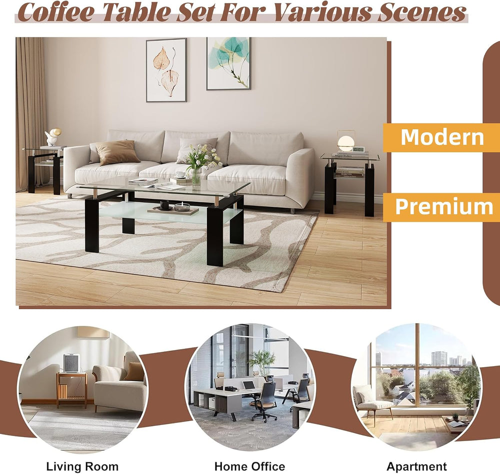 Living Room Set of 3 with Glass Coffee Table, End Table, and Console Table, M...
