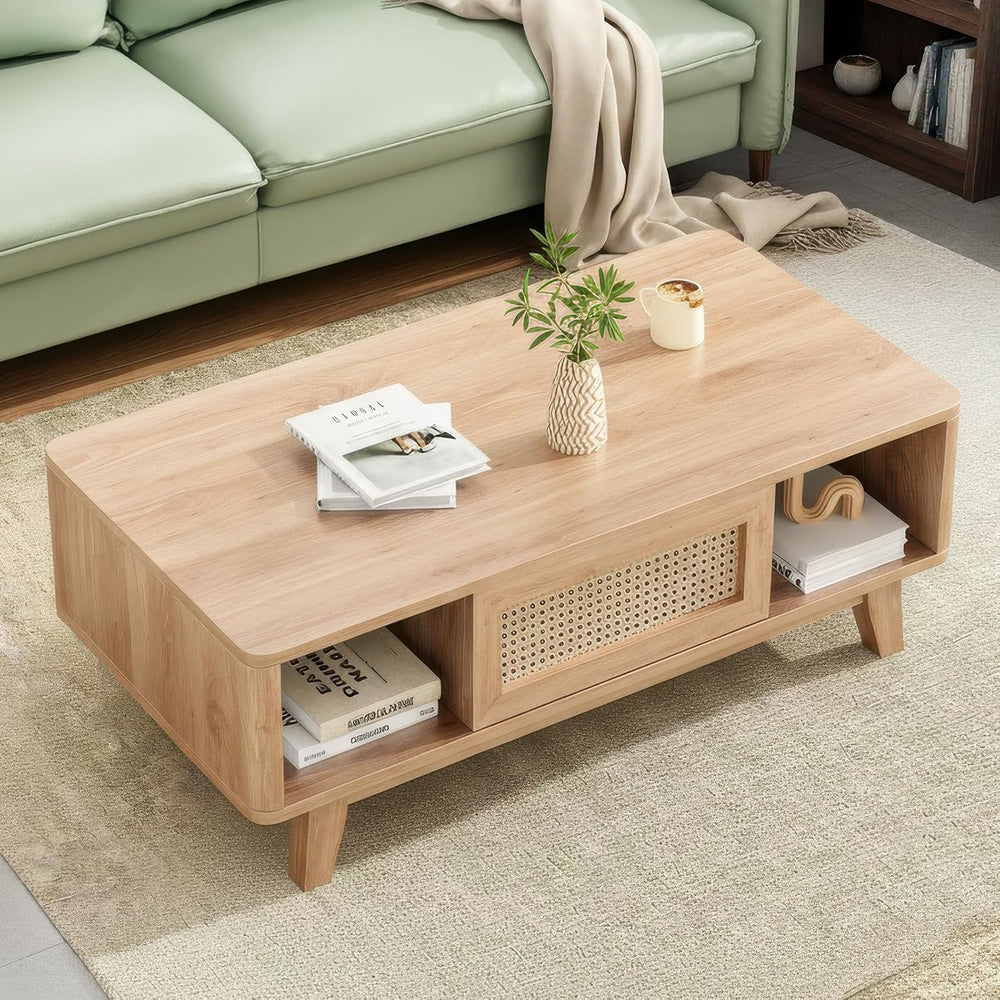 Farini Mid Century Modern Square Coffee Table with Rattan Drawer and Solid Wo...