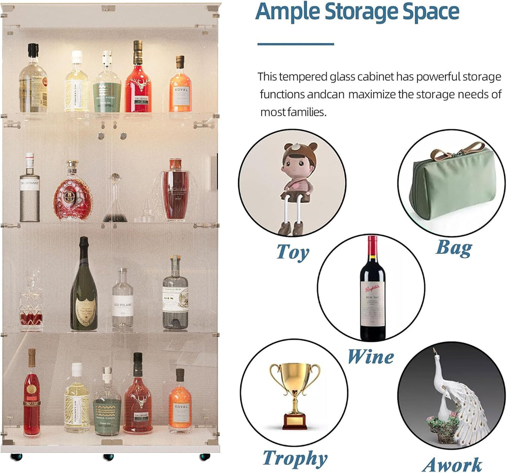 Glass Display Cabinet with LED Light Strip, 4 Shelves with 2 Doors, Glass Top...