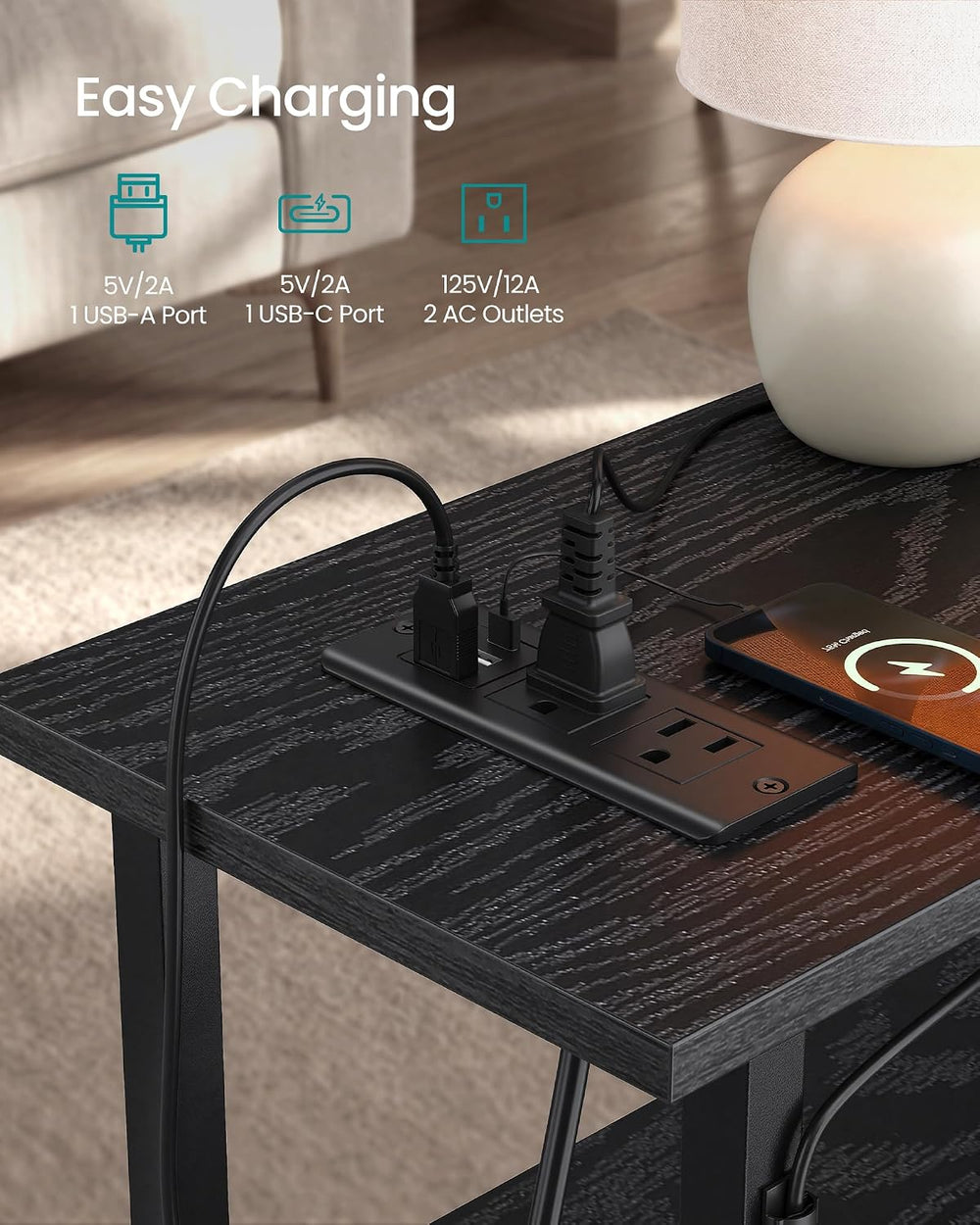 SONGMICS Side Table with LED Light, Narrow End Table with 2 Fabric Drawers