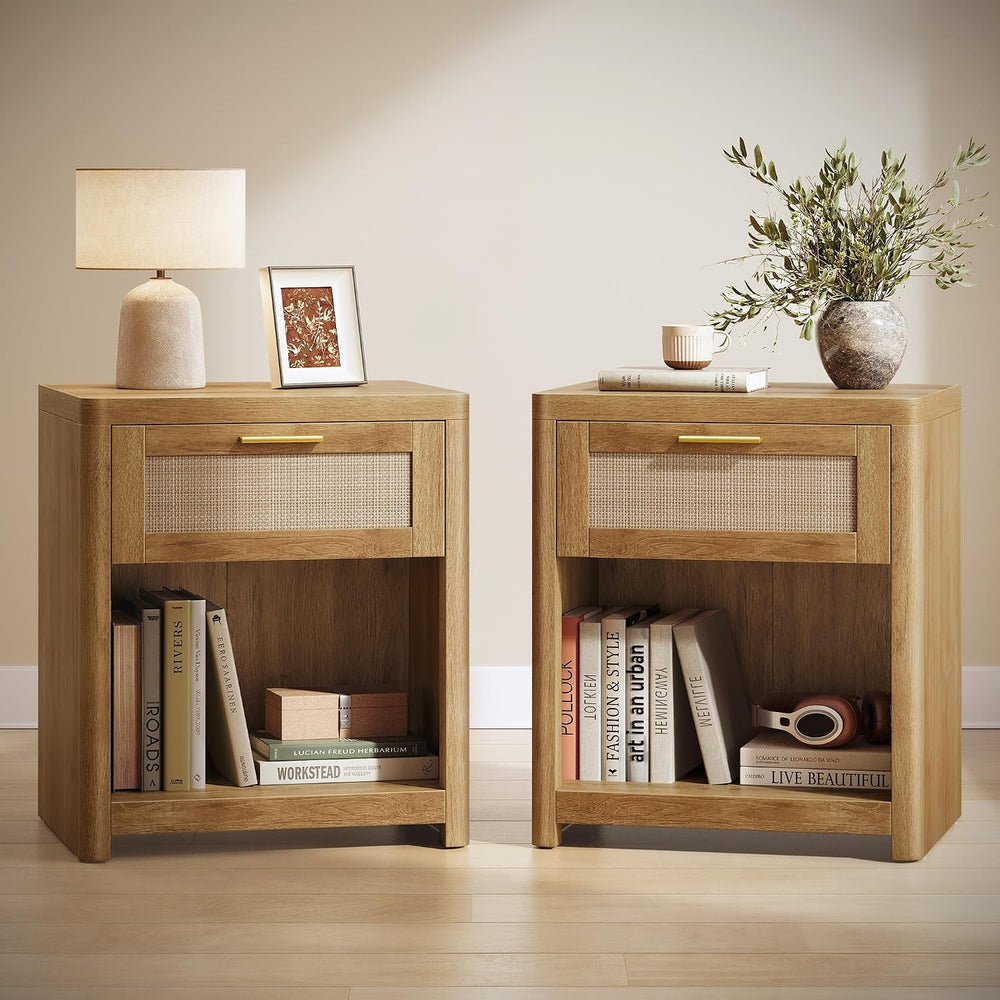 VASAGLE Set of 2 Boho Nightstands with Rattan-Look Drawer