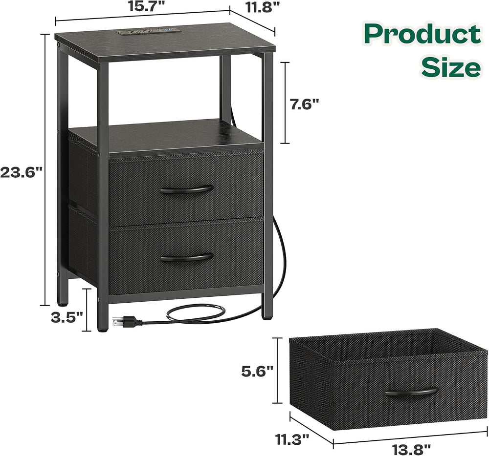 Huuger Night Stand with Charger Station and LED Lights, 2 Drawer Nightstand, ...