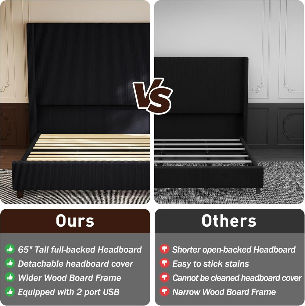 King Size Corduroy Upholstered Bed Frame with 65.2" Tall Headboard,USB C...