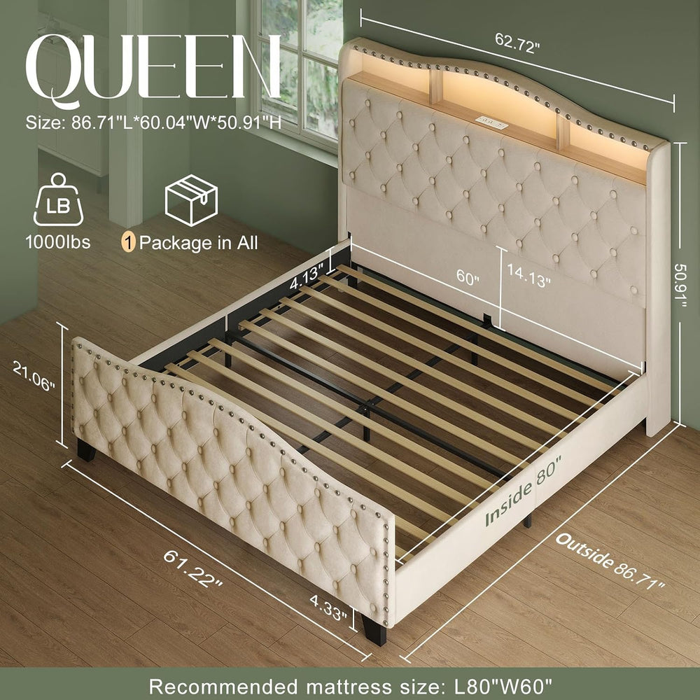 Belffin Queen Size Platform Bed Frame with 50.9" LED Headboard, Beige