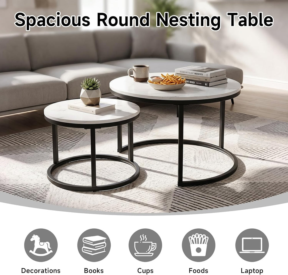 Nesting Coffee Table White Marble Pattern Wooden with Black Frame | 31.49&quo...
