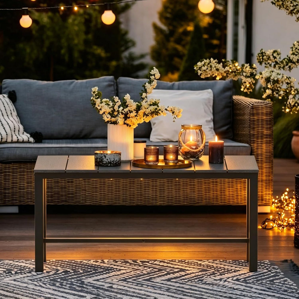 mapleway 33" Black Wood Patio Coffee Table Weather-Resistant Metal Frame