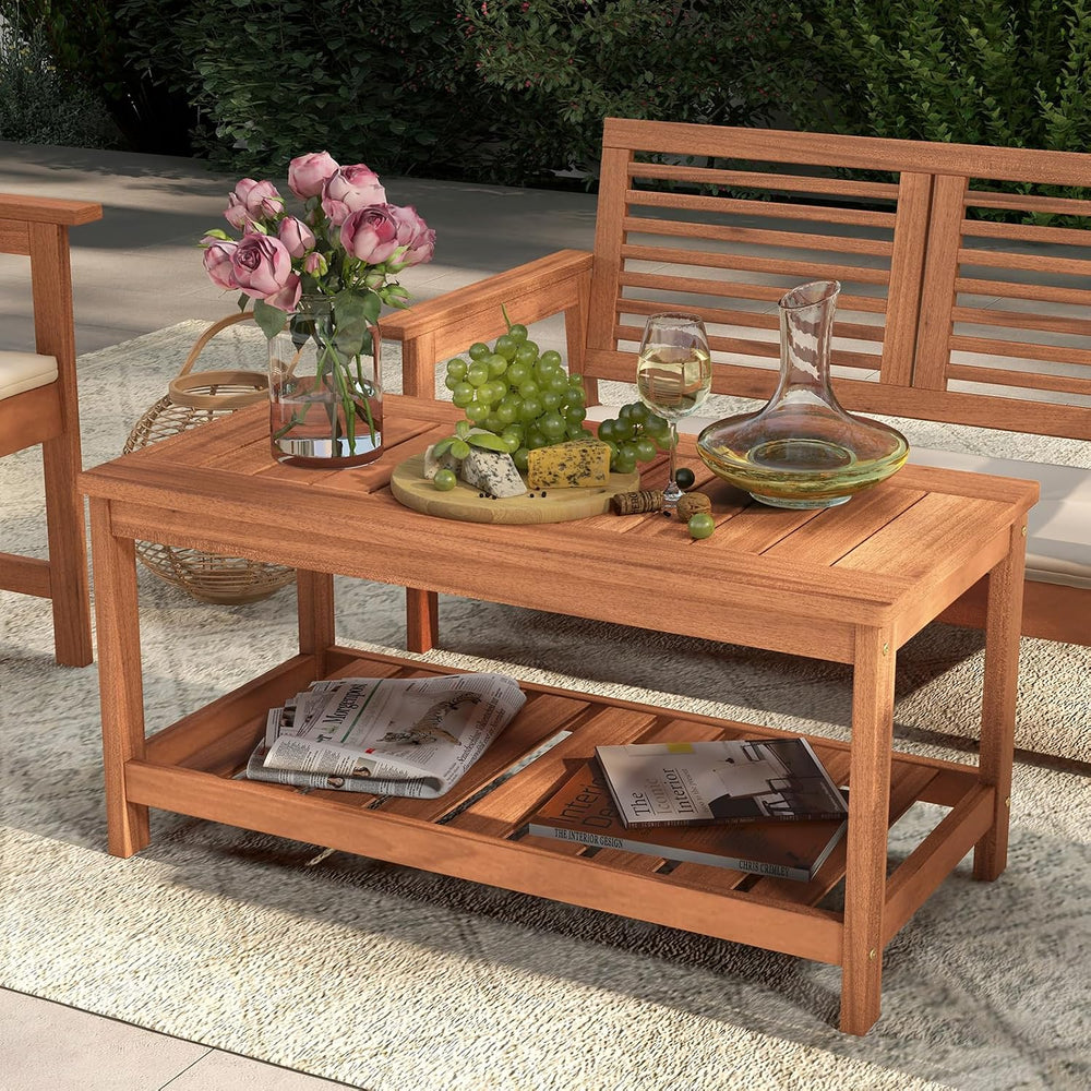 Tangkula Wood Outdoor Coffee Table, 2-Tier Patio Coffee Table with Slatted Ha...