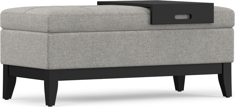 SIMPLIHOME Oregon 42" Wide Linen Look Fabric Storage Ottoman in Cloud Grey