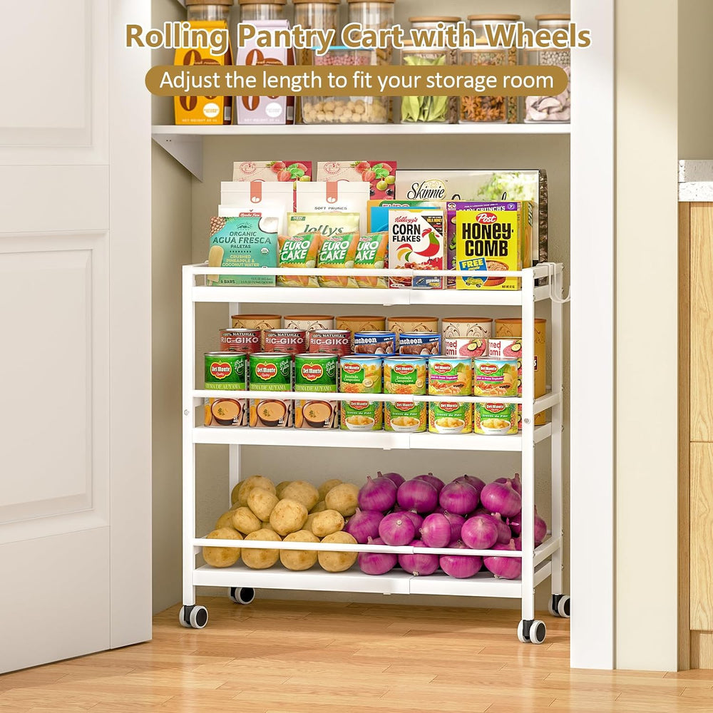 3-Tier Expandable Rolling Pantry Organizers and Storage Cart with Wheels, Adj...