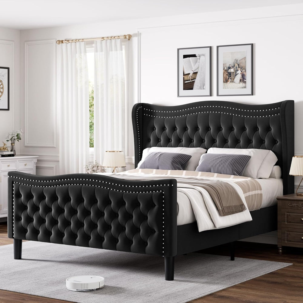 Queen Bed Frame with Tall Headboard & Footboard, Velvet Upholstered Platf...