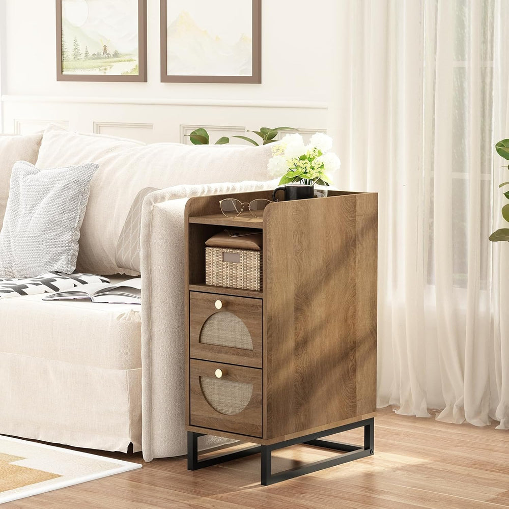 Narrow Nightstand for Small Spaces - 9.3" Slim Side Table with Rattan-We...