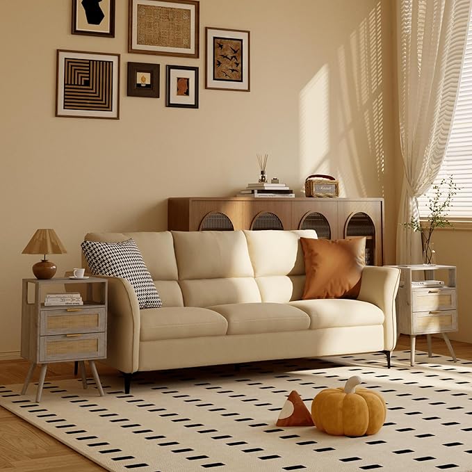 Rattan Nightstand,Farmhouse Bedside Table with 2 Storage Drawer and Open Wood...