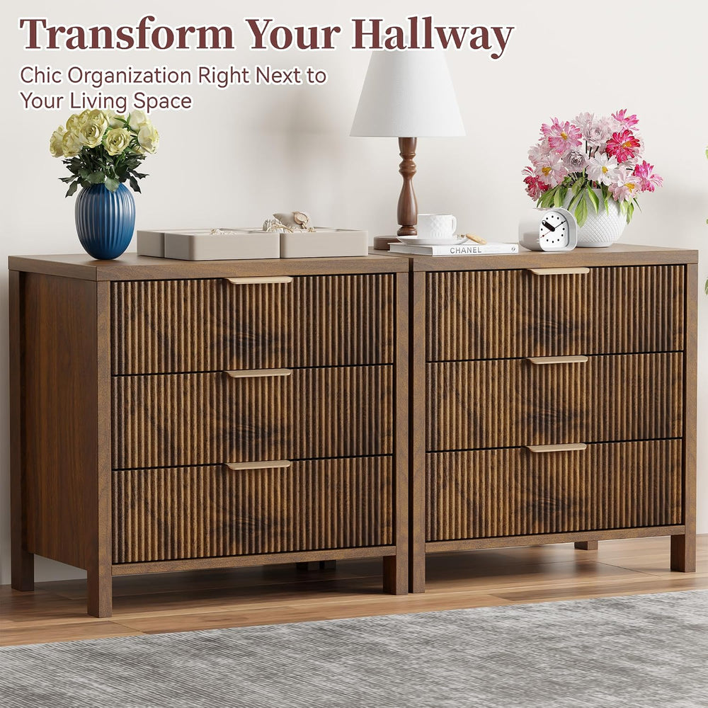 Fluted Nightstands Set of 2, 23.7'' Wide Night Stand with 3 Drawers, ...