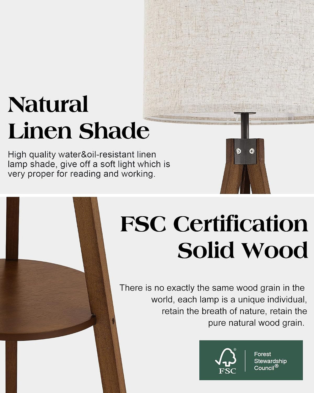 ELYONA Tripod Floor Lamp with Table, Mid Century Wood Shelf Standing Light Mo...