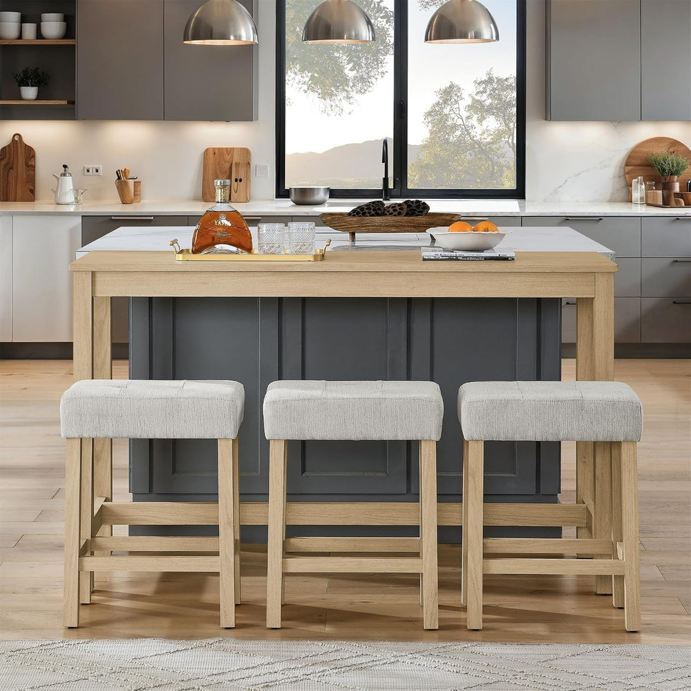 59" Bar Table Set with Power Outlet & 3 Upholstered Stools – 4-Piece...