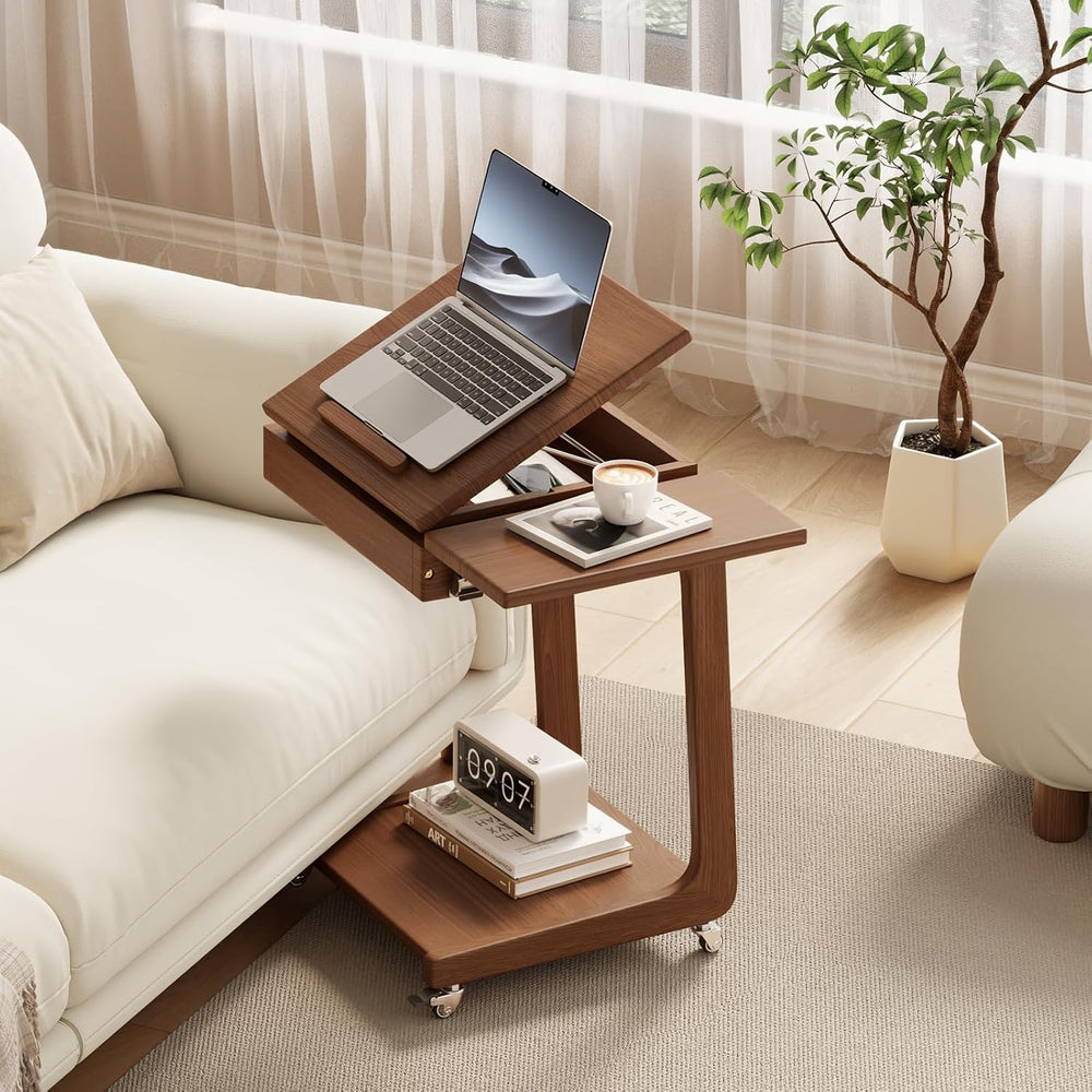 Solid Wood C Shaped End Table for Couch,Walnut C Table with Wheels,Rolling Si...