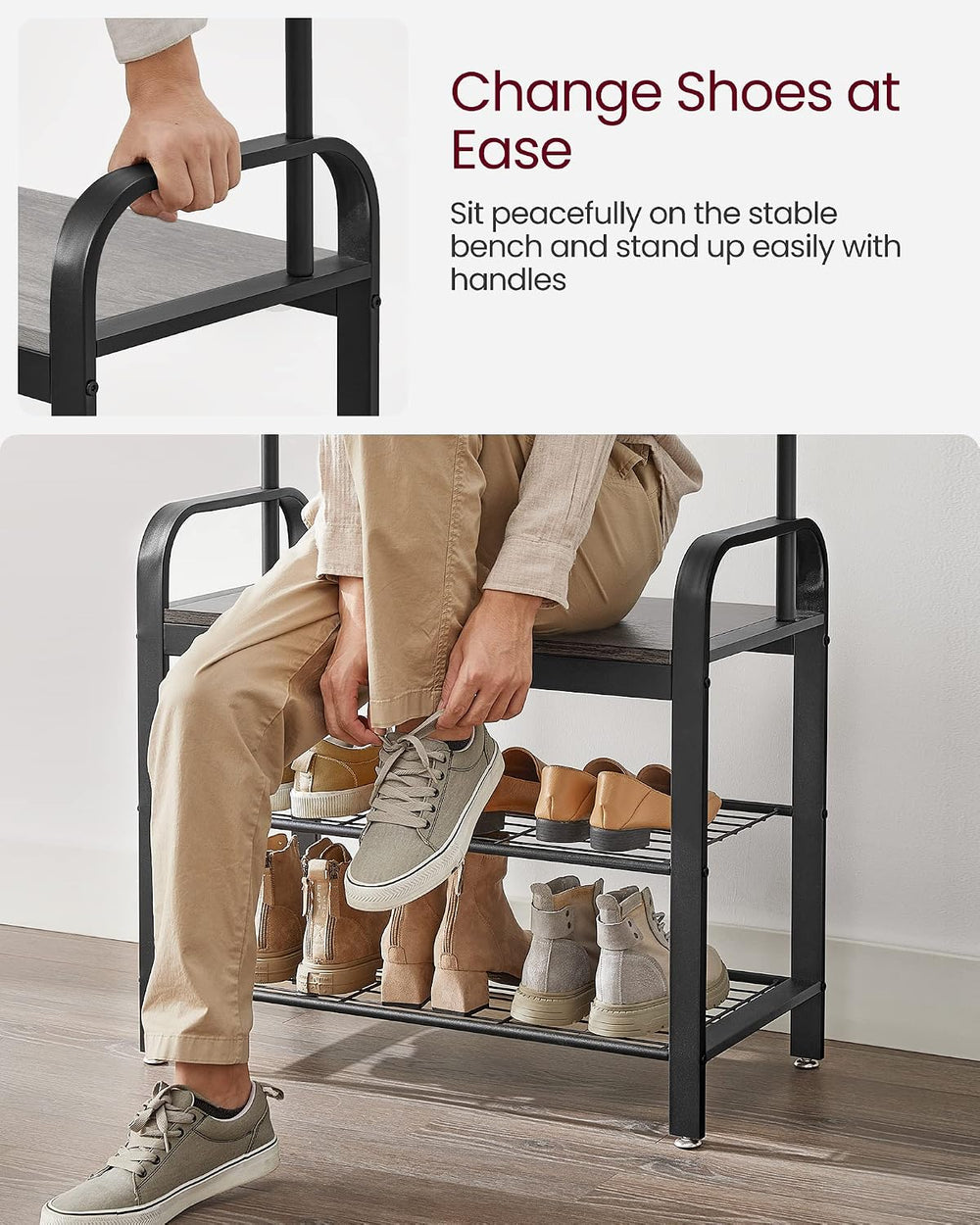 VASAGLE Coat Rack, Hall Tree with Shoe Bench, 4-in-1, 9 Removable Hooks