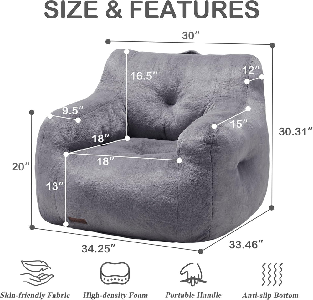 Hobestluk Furry Bean Bag Chair with Arms, Foam Filler for Adult, Grey | Soft ...