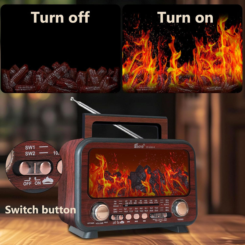 Retro Portable Radio AM FM SW Shortwave Radio with Bluetooth Speaker,Flame At...