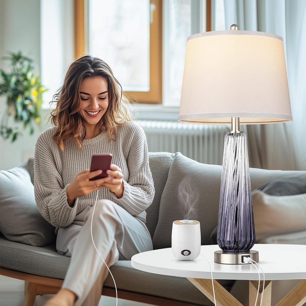 Glass Table Lamps Set of 2, Modern Bedside Lamps for Bedrooms with USB A+C Po...