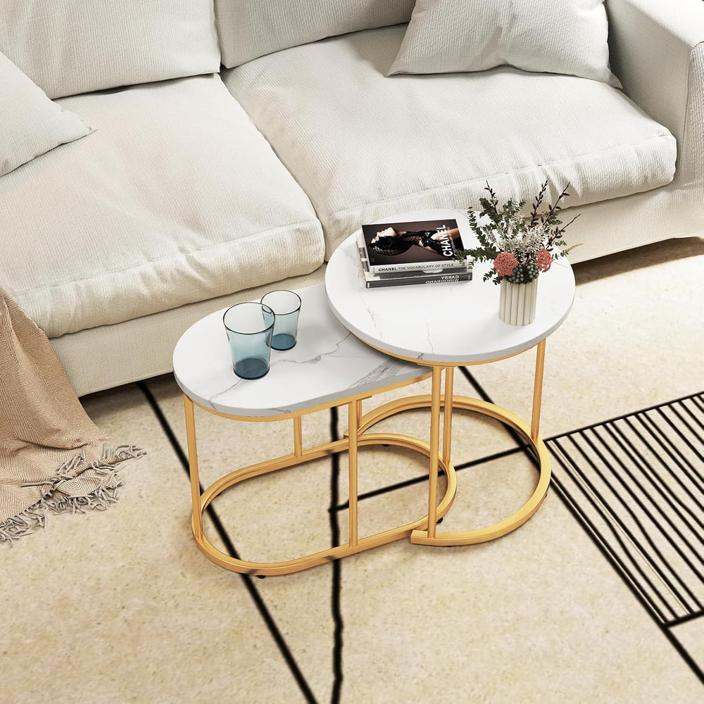 LDAILY Nesting Coffee Table Set with Marble-Look Top, 2-Piece | Golden Steel ...
