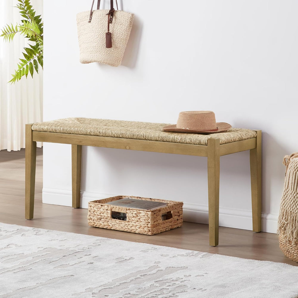 DUHOME Solid Wood Seagrass Bench with Natural Woven Seat, Boho Bench Entryway...
